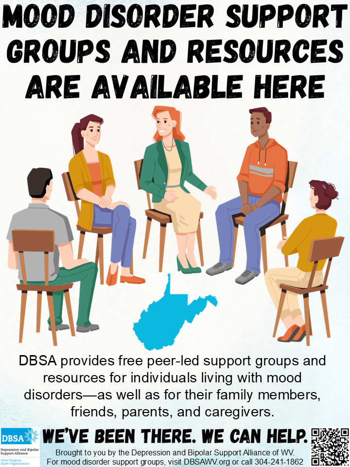 A poster by DBSA WV about free peer-led support groups available