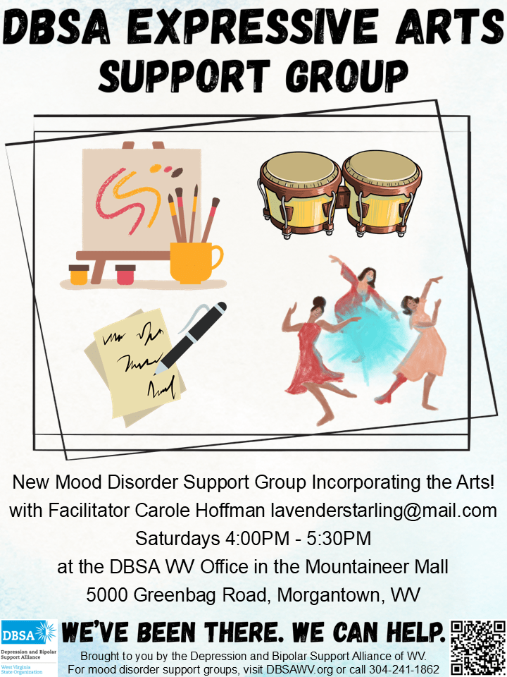 A poster by DBSA WV about an Expressive Arts support group