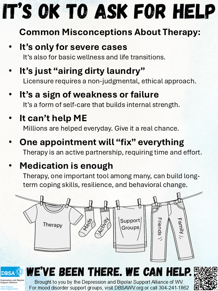 A poster by DBSA WV about Therapy Misconceptions