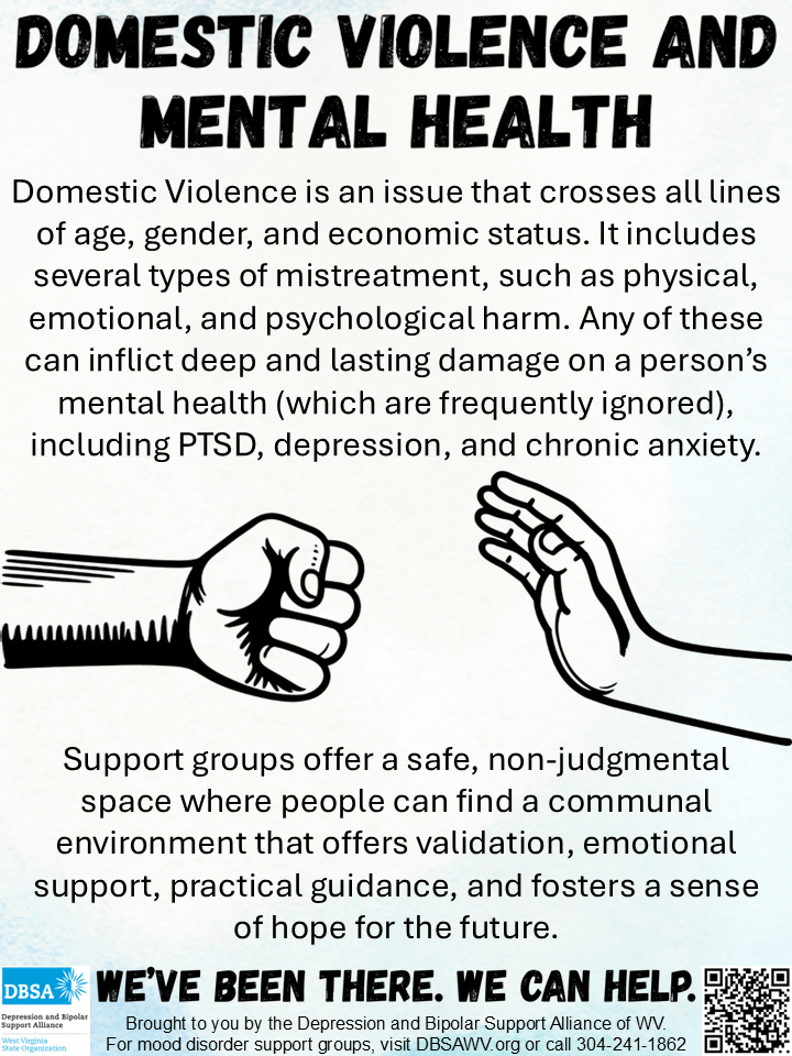 A poster by DBSA WV about Domestic Violence and Mental Health