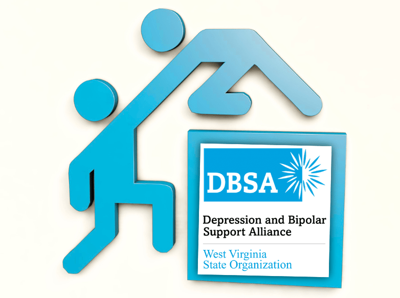 A stick figure is helping pull up another stick figure onto the DBSA WV logo.