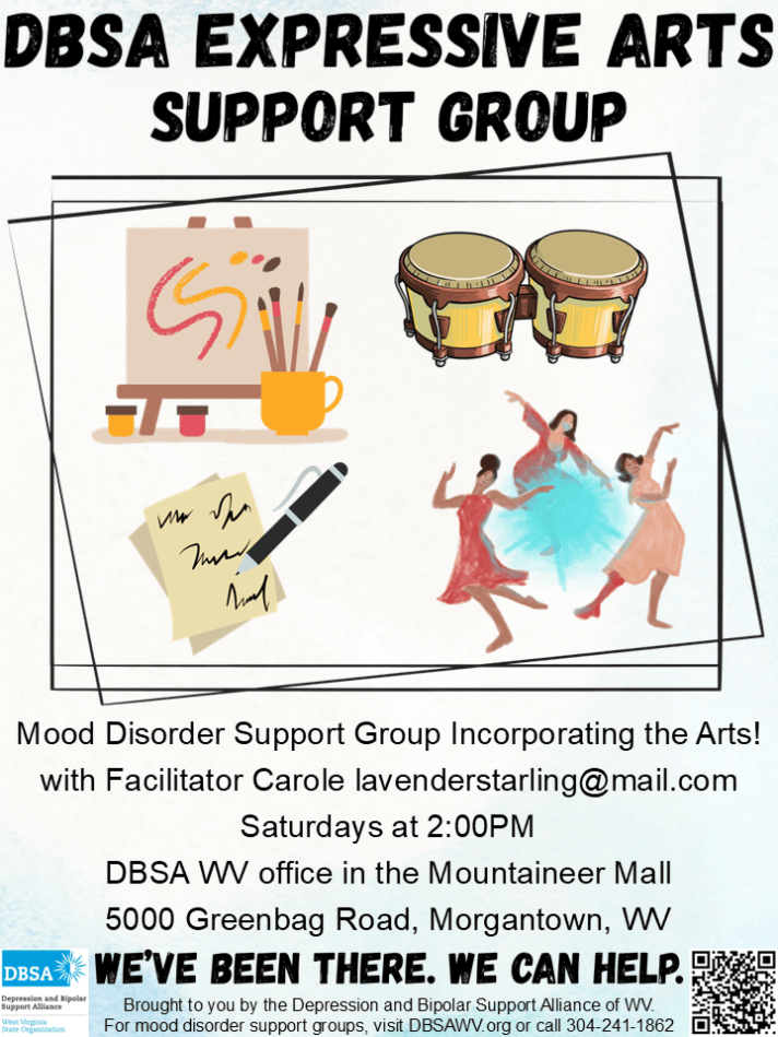 A poster by DBSA WV about an Expressive Arts support group