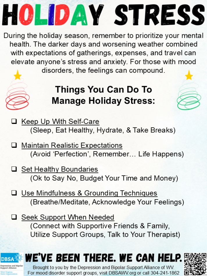 A poster by DBSA WV about stress during the holidays