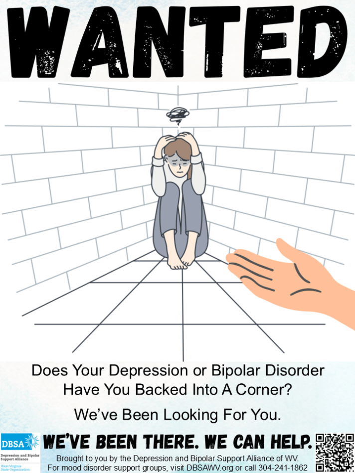 A poster by DBSA WV with a person in a corner and a hand reaching out to them.